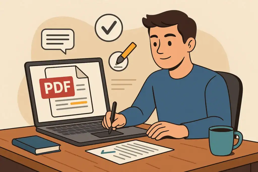 Person som arbetar vid dator och signerar digitalt PDF-dokument online.