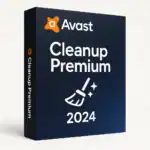Avast Cleanup Premium 2024 produktbox – mörkblå förpackning med orange logotyp och vit sopborste