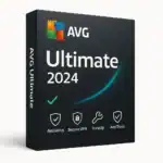 AVG Ultimate 2024 produktbox – svart förpackning med färggrann logotyp och symboler för Antivirus, Secure VPN, TuneUp och AntiTrack