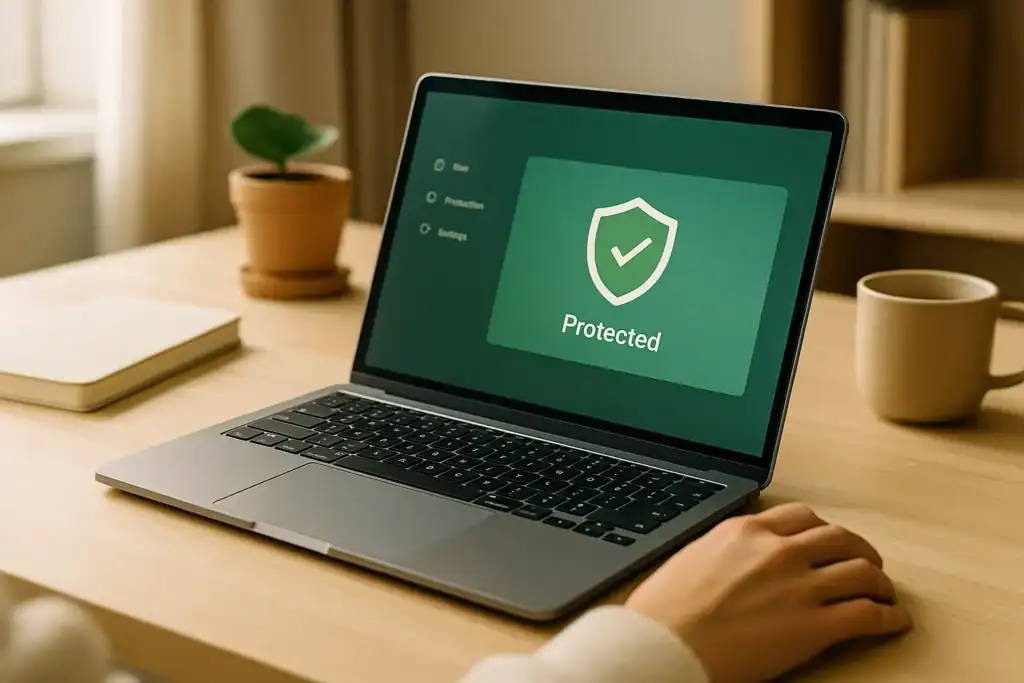 Bärbar dator med säkerhetsprogram som visar texten “Protected” på skärmen.