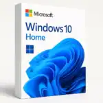Microsoft Windows 10 Home produktbox – vit förpackning med blå Windows-logotyp och modern bakgrundsdesign.