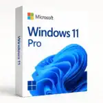 Microsoft Windows 11 Pro produktbox – vit förpackning med blå Windows-logotyp och 3D-bakgrund i blå nyanser.