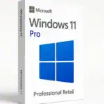Microsoft Windows 11 pro retail produktbox – vit förpackning med blå Windows-logotyp och modern bakgrund i 3D-design.