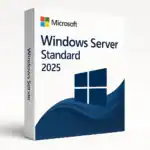Windows Server Standard 2025 produktbox – vit och mörkblå förpackning med Microsoft-logotyp och Windows-symbol.